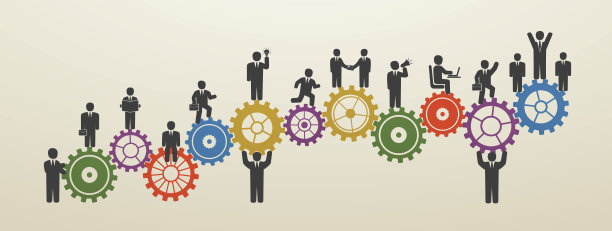 团队合作，商务人士运动，劳动力。概念商业人士在齿轮上。素材图片