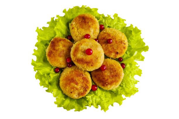 烤鸡排配绿莴苣。孤立在白色背景上。图片下载