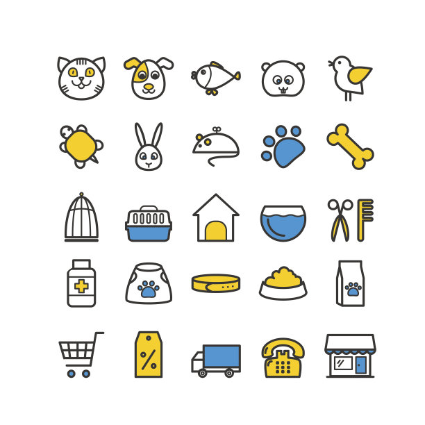 一套轮廓宠物店图标。图片下载