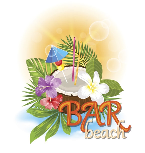 沙滩酒吧背景椰子鸡尾酒图片下载