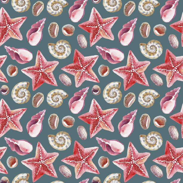水彩插图。表面贝壳，海星和卵石的无缝图案在黑暗的背景上图片下载