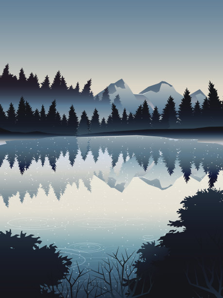 高角度的深松树林景观和河流时，中午图片下载