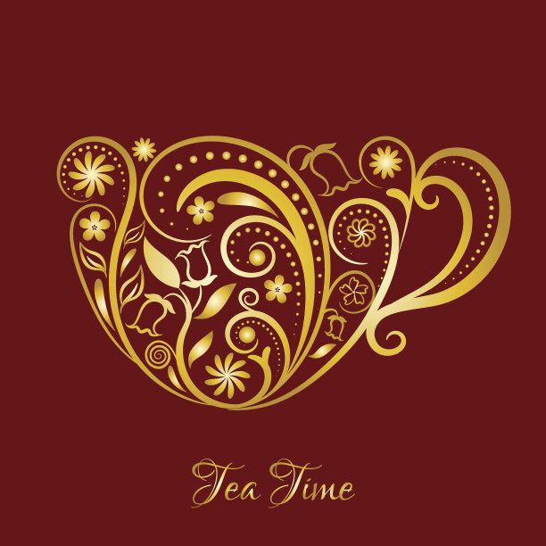 矢量金杯茶与花卉设计元素。图片下载