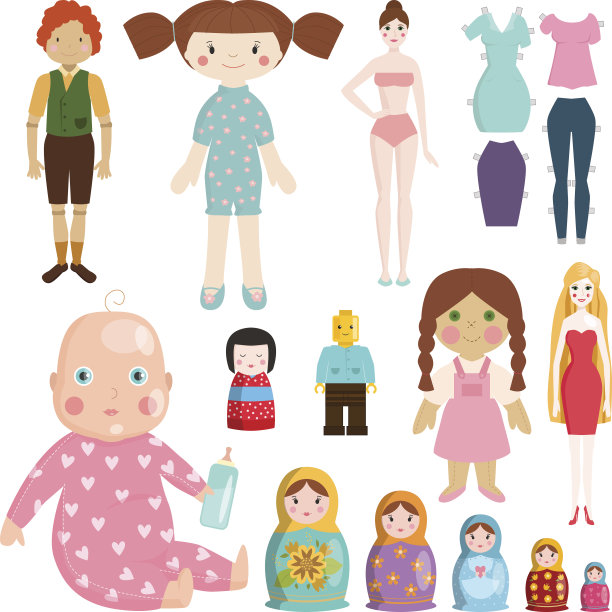 设置图标小女孩洋娃娃玩玩具手工制作快乐的孩子的性格和游戏礼物娃娃可爱的玩婴儿织物布矢量插图图片下载