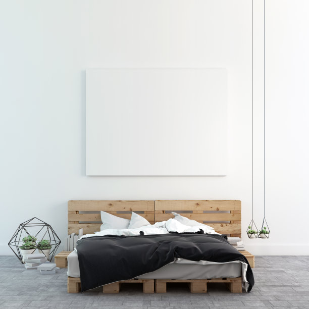 阁楼卧室与模拟照片画布/ 3D渲染素材图片