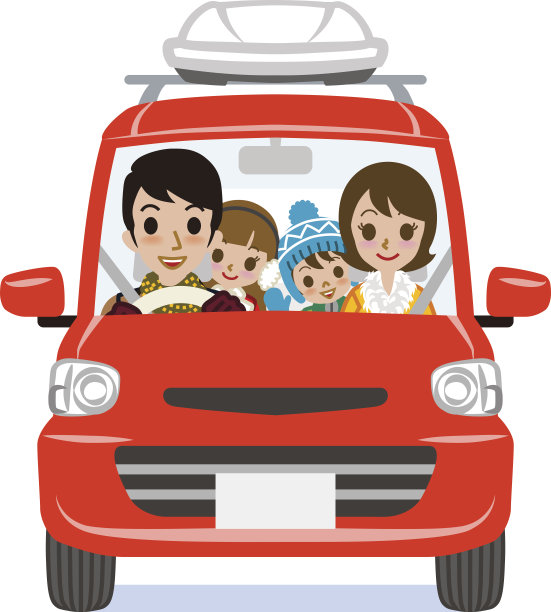 冬季时尚家庭驾驶红色轿车-孤立图片下载