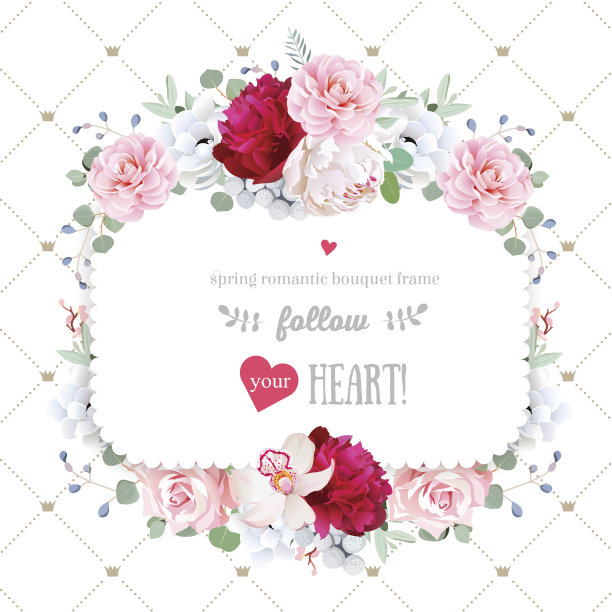 方形花卉向量框架与美丽的花和皇冠拍子图片下载