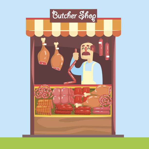 屠夫在市场柜台后面，有各种各样的肉图片下载