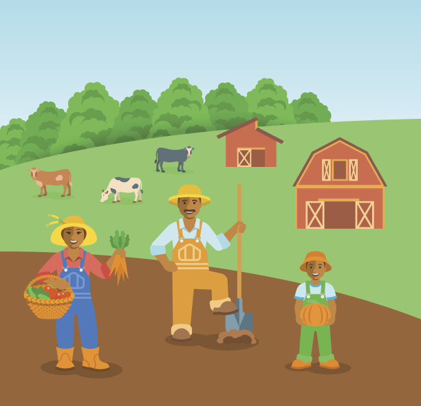 农耕黑人家庭在农田平面矢量背景下图片下载