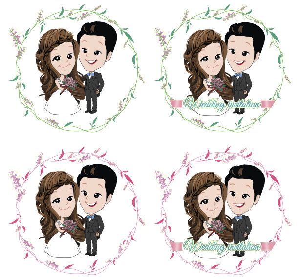 婚礼卡通，新娘和新郎站在花藤圈图片下载