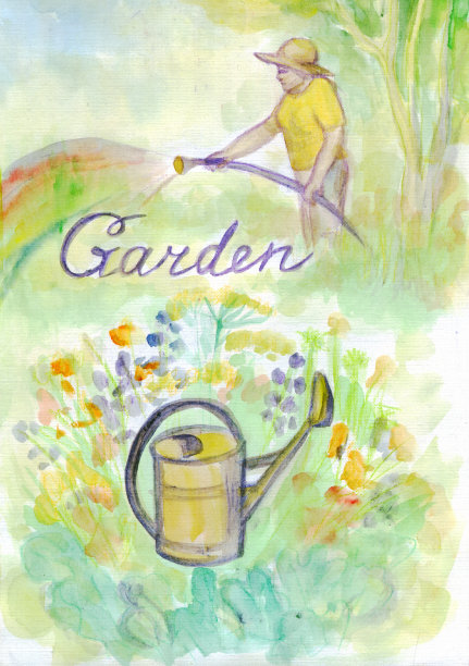 园艺组。女人浇水。水彩画图片下载