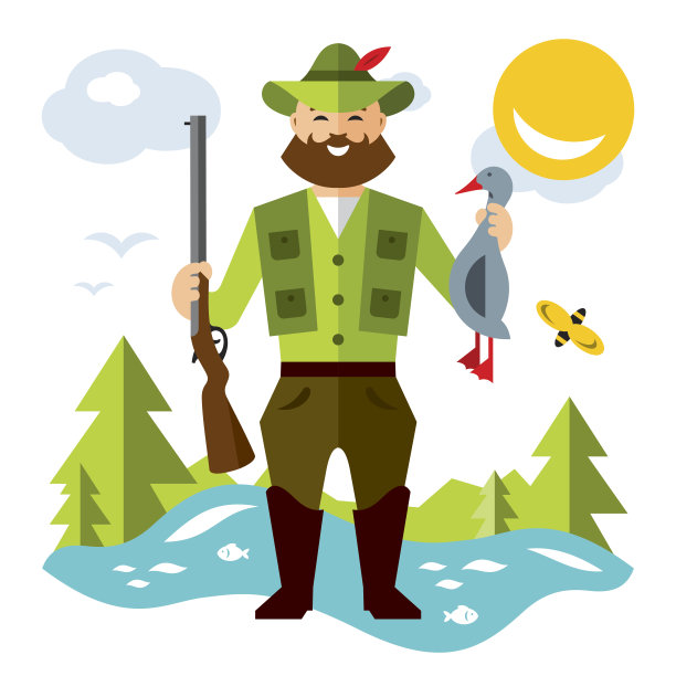 向量捕猎鸭子。平面风格彩色卡通插图。图片下载