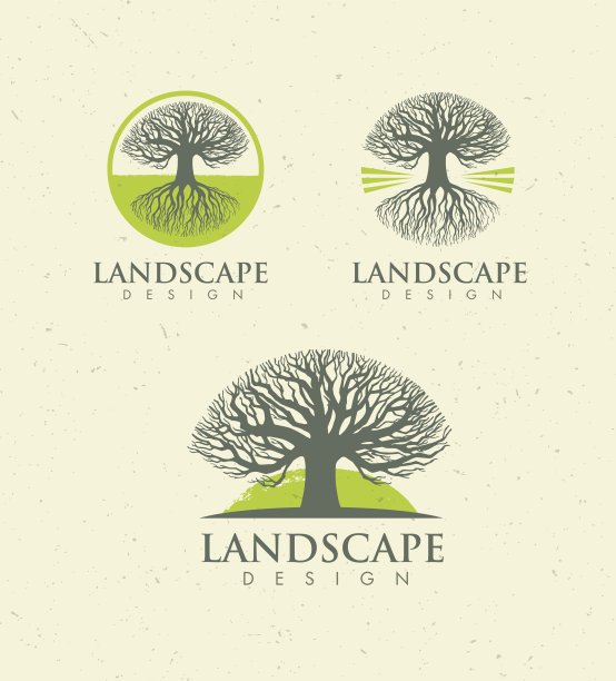 景观设计创意向量概念。圈内有根的树有机标志设置在牛皮纸背景上。素材图片
