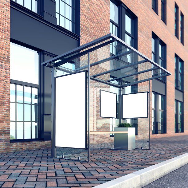 公车站，工厂大楼的海报模型图片下载