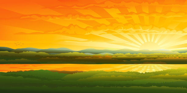 矢量黄昏景观-美丽的日落在一条河图片下载