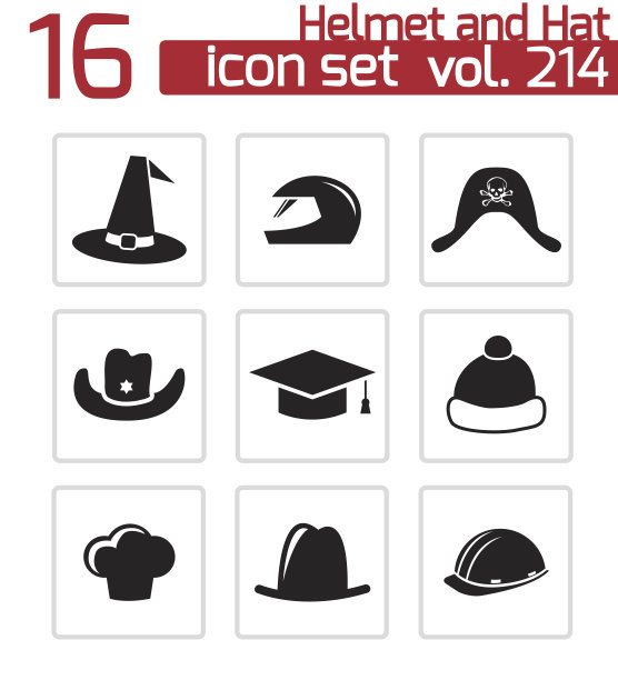 向量黑色头盔和帽子图标设置图片下载