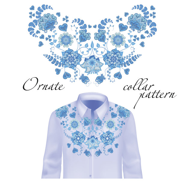花的卷曲颈部刺绣的衬衫。向量,插图。装饰的衣服图片下载