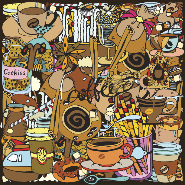 手绘拼贴纹理与咖啡主题。咖啡馆菜单。图片下载