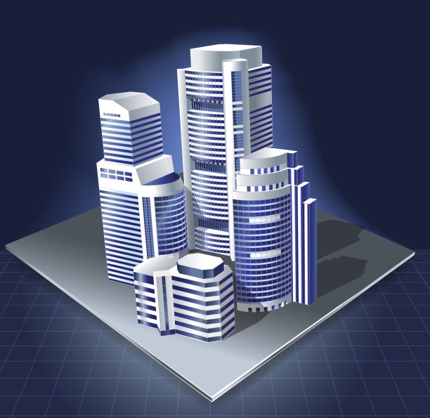 深蓝色背景上的风格化的摩天大楼。向量。图片下载