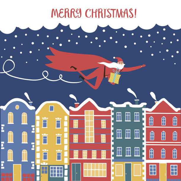 圣诞老人像英雄一样在城市上空飞翔图片下载