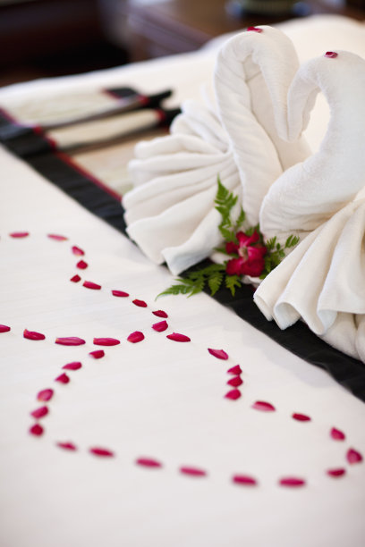 床单上有两只白毛巾天鹅，图片下载