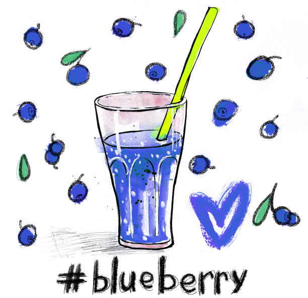 水彩插图与一杯蓝莓汁图片下载