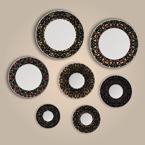 一套盘子与优雅的民族部落曼荼罗装饰。图片下载