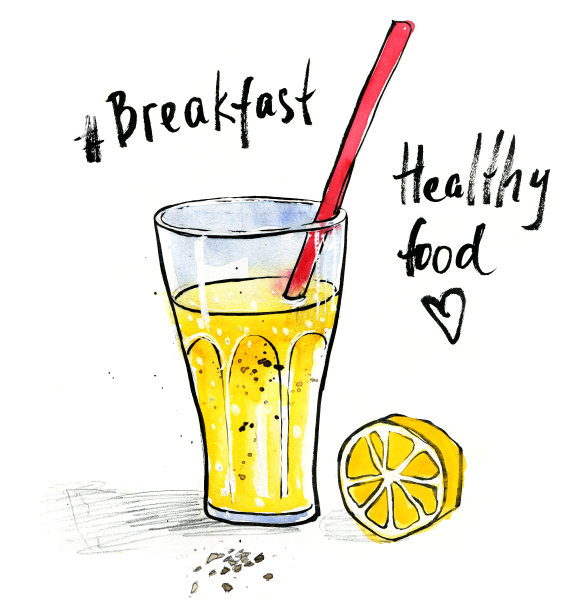 水彩画的柠檬汁玻璃杯图片下载