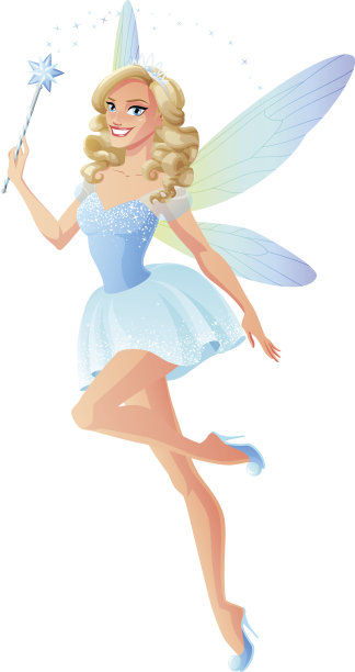向量美丽的蓝色仙女与魔法棒和蜻蜓翅膀。图片下载