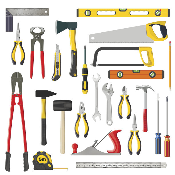 一套矢量修复和木制品工具上的白色图片下载