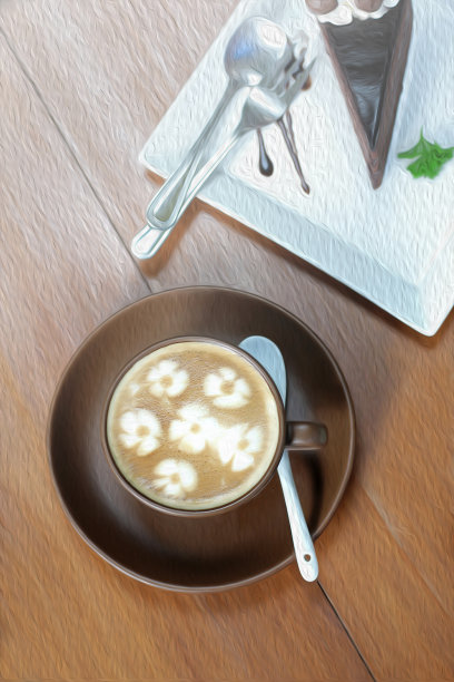 木桌上放着卡布奇诺咖啡杯和巧克力蛋糕图片下载