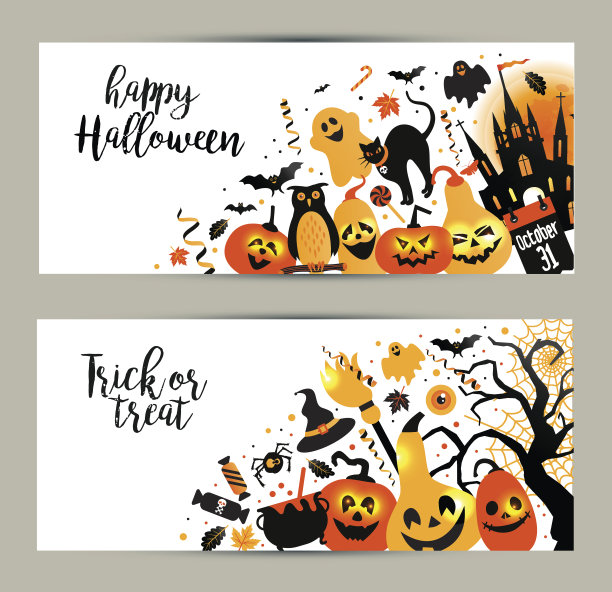 万圣节横幅设置在白色背景。晚上的邀请图片下载