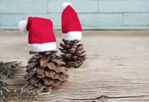 木头上有带圣诞帽的松果图片下载