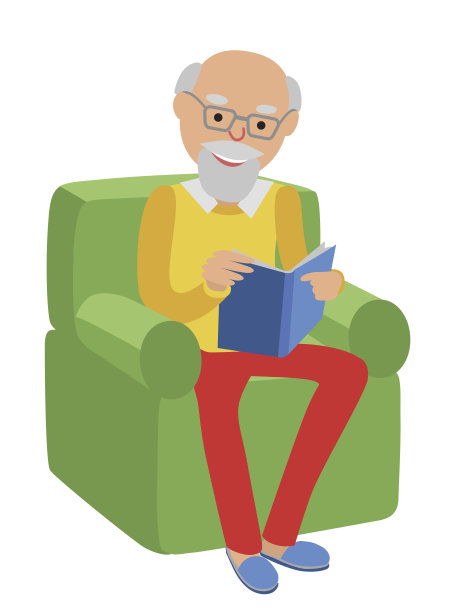 快乐老人坐在沙发上看书。图片下载