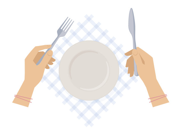 女性手上拿着钢制的刀叉和空盘子。图片下载