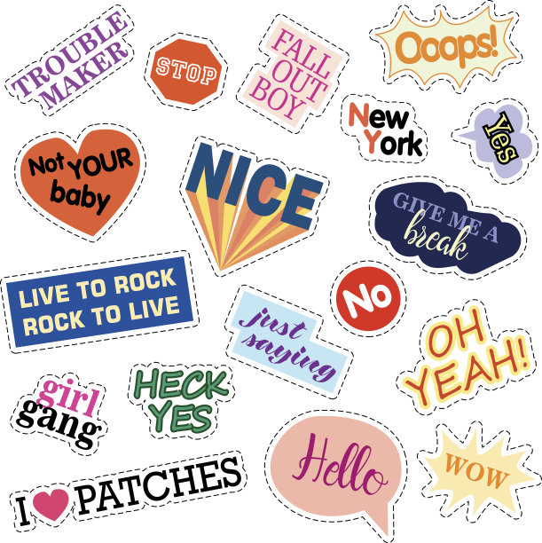 时装补丁徽章。设置与短语。贴纸，大头针，补丁和图片下载