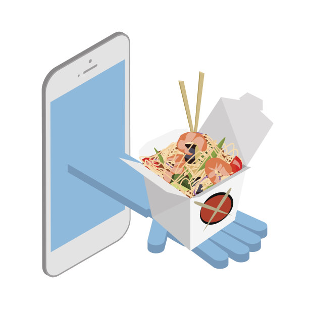 通过电话交付。亚洲食品。面条锅。向量等距图片下载