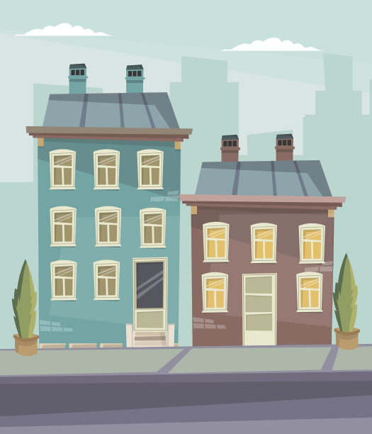 矢量卡通复古插图城市房屋外立面景观。图片下载