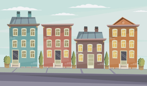 矢量卡通复古插图城市房屋外立面景观。图片下载