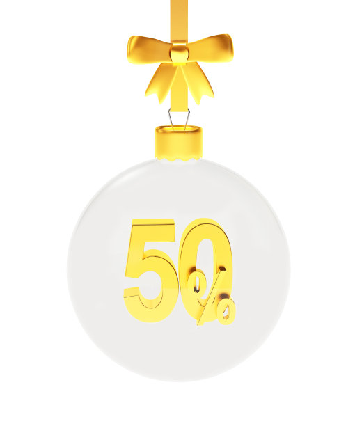 折扣的概念。玻璃圣诞球，里面有50%的金色图片下载