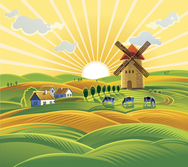 有风车的乡村景观。图片下载