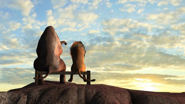 日落时分，大象和狮子站在山顶上图片下载