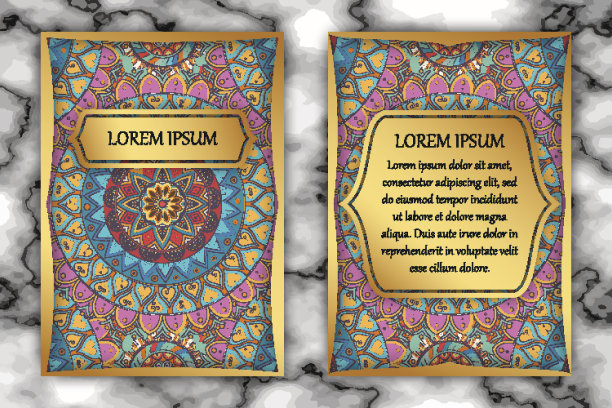 邀请卡设计模板与曼陀罗，精致的花卉图案。图片下载