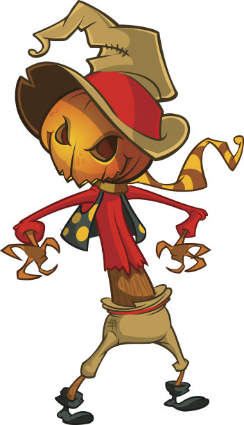 万圣节卡通稻草人与南瓜头。矢量动画素材图片