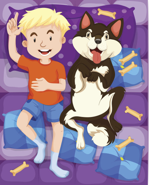 男孩和狗在床上睡觉图片下载