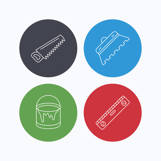 泥铲瓷砖，锯和水平测量图标。图片下载