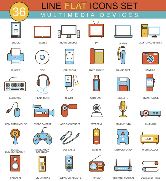 矢量多媒体设备平面线图标集。现代优雅的风格图片下载