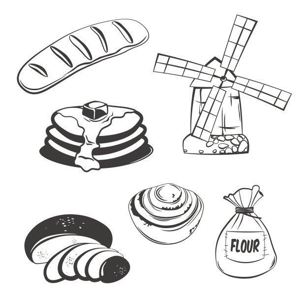 烘焙套装:面包片，小麦，小面包，长棍面包，面粉袋，椒盐卷饼，图片下载