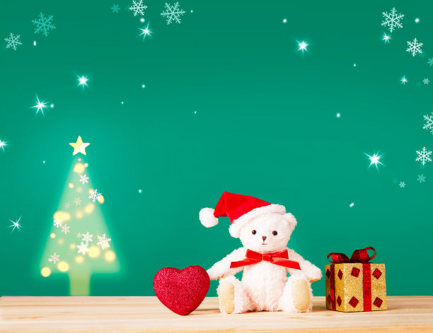 给孩子们的圣诞卡片。可爱的泰迪熊，爱心，礼物。图片下载