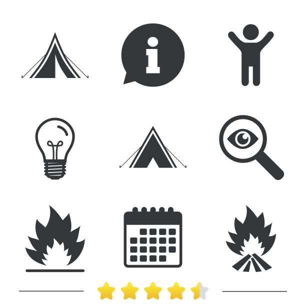 旅游露营帐篷标志。火灾火焰图标。图片下载